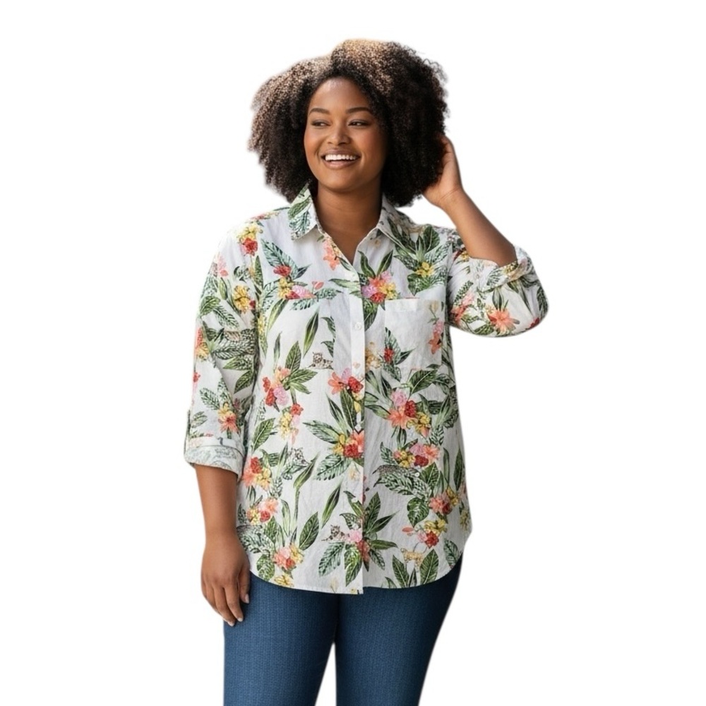 Charter Club Luxury linen blend tropical animal print long sleeve shirt